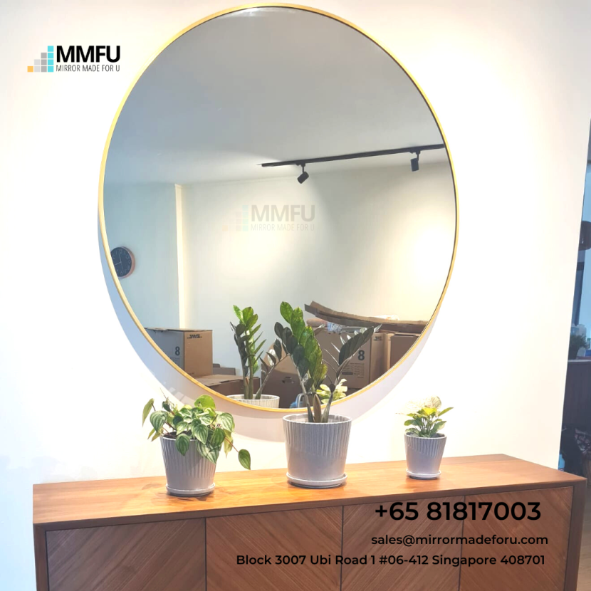 Round Mirror with Gold Anodized Aluminium Frame